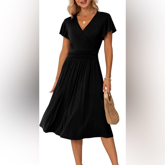 GRECERELLE- Short Sleeve Wrap V-Neck Dress with Pockets - Picture 1 of 4
